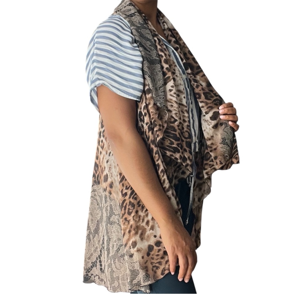 Sheer Chiffon Leopard Print Sleeveless Draped Open Front Topper Layering Piece - Picture 13 of 13